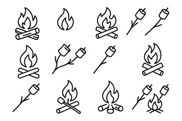 Campfire icons and marshmallow sticks outline illustrations collection