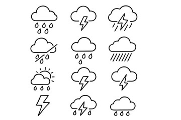 Fototapeta premium Twelve weather icons: clouds, rain, storms, and sun illustrations
