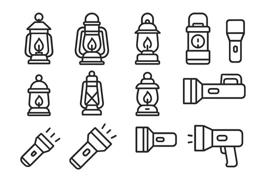 Set of lantern and flashlight icons in black and white line art style