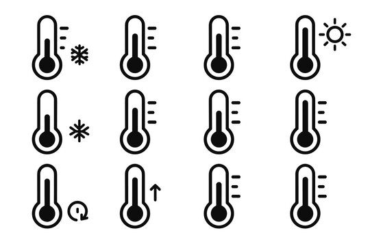 Set of thermometer icons indicating temperature changes with snowflake and sun symbols