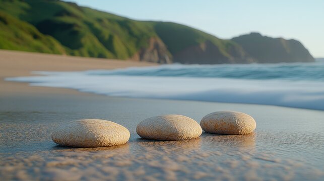 Three smooth, light beige stones on a wet beach at sunrise