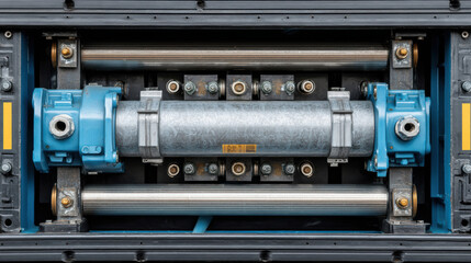 Obraz premium Industrial zero emission solution machinery with metal cylinder, blue components and mechanical rods for clean energy innovation