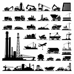 Obraz premium Silhouetted industrial vehicles buildings and equipment are arranged in rows
