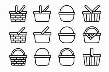 Collection of twelve black and white picnic basket icons