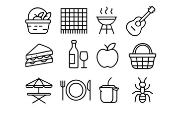 Picnic icon set: food, instruments, outdoor essentials in black outline style