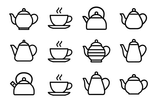 Minimalist teapot and teacup icons: black and white vector set