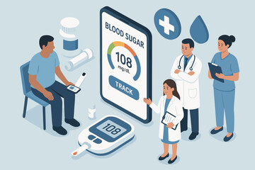 Diabetes management: diverse medical team and patient engaging with digital app