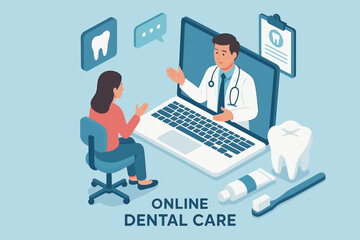 Female patient in virtual consultation with male dentist for online dental care