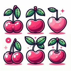 Six glossy cartoonstyle pink cherries with green leaves and black outlines arranged in a grid