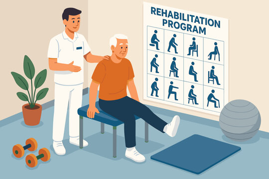 Elderly caucasian male rehabilitation session with male therapist in exercise room