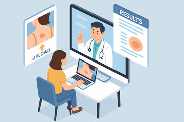 Female receiving online dermatology consultation for skin check via virtual platform