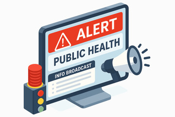 Public health alert display with megaphone and traffic light elements on screen