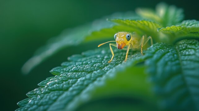 Tiny yellow ant on vibrant green leaf