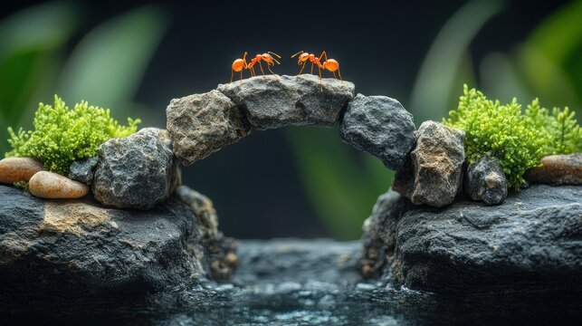 Tiny red ants meet on a miniature stone arch bridge
