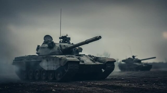 Tank combat scene with explosion and smoke