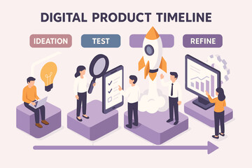 Digital product timeline with diverse team in ideation, testing, and refinement stages