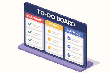 Isometric to-do board with high priority, waiting, and scheduled tasks