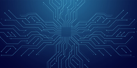 Abstract AI circuit board background. Technology connected blue lines with electronics elements on tech bg. Computer motherboard with a chip, processor, and semiconductor. Digital vector illustration