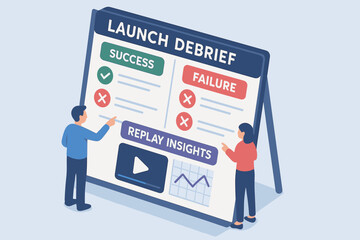 Team analyzing project launch debrief presentation for success and failure insights