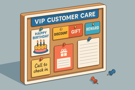 Vip customer care bulletin board with birthday, discount, gift, and reward notices