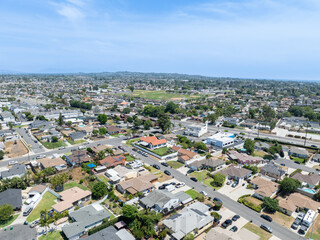 Day time aerial view of the Uptown area of Whittier with house and street, California, USA