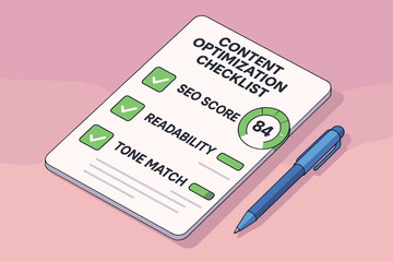 Content optimization checklist with seo score and readability rating on pink background