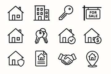 Real estate icons set: houses, keys, contracts, for sale signs