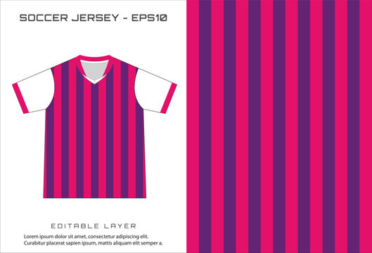 Soccer jersey design with vertical pink and purple stripes and editable layer text