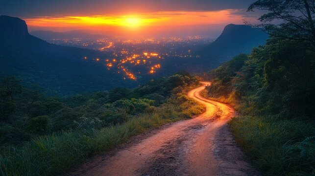 Winding dirt road ascends a mountain at sunset, overlooking a city bathed in warm light