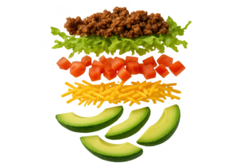 Deconstructed taco ingredients isolated on transparent background, vibrant colors