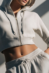 Close-up of a girl in a zippered sweatshirt, highlighting her smooth texture and the light gray color of her skin