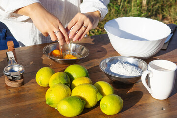 Girl baking a lemon cake, following the steps on her phone, mixing ingredients in a bowl on a...