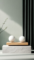 Minimalist still life with two white spheres on a wooden platform, a delicate branch, and textured surfaces under soft natural light.