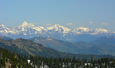 Breathtaking view of snow capped mountain range from Montana ski resort