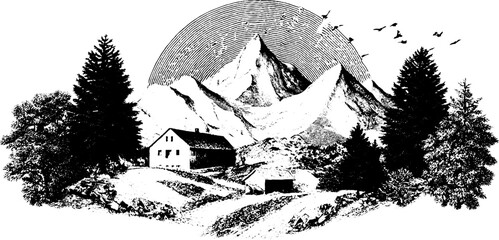 Fototapeta premium Baroque border artwork with vintage engraving of mountain landscape and rustic cabin