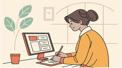 Woman with bun writing at desk with computer monitor and plant in pot in a room with window frame