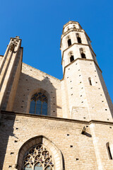 Santa maria del Mar church showing rose window and bell tower in barcelona, spain