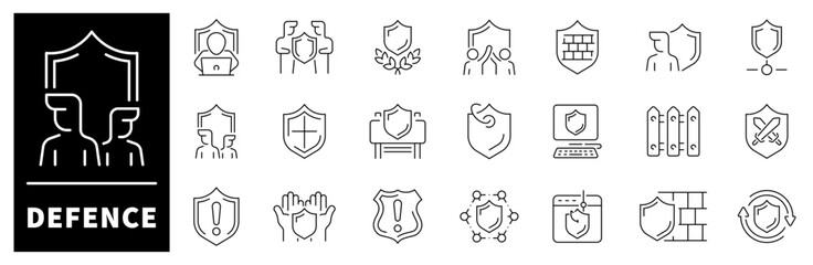 Thin line icons set related to defence and protection. Defence thin line icons set. Safe, shield, lock, security, alarm, guard, safety, protection symbols set