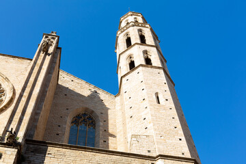 Santa maria del Mar church showing rose window and bell tower in barcelona, spain