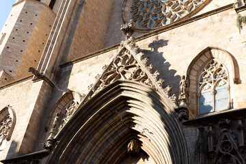 Santa maria del Mar church showing rose window and bell tower in barcelona, spain