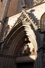Santa maria del Mar church showing rose window and bell tower in barcelona, spain