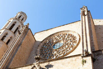 Santa maria del Mar church showing rose window and bell tower in barcelona, spain