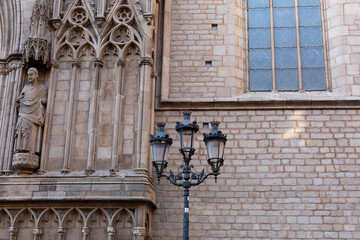 Santa maria del Mar church showing rose window and bell tower in barcelona, spain
