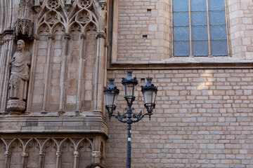 Santa maria del Mar church showing rose window and bell tower in barcelona, spain