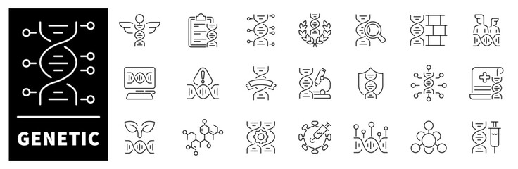 Genetics icon set. Thin line icons set related to genetics and biotechnology. Biotech, DNA, genomes