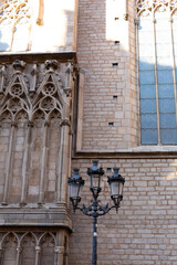 Santa maria del Mar church showing rose window and bell tower in barcelona, spain