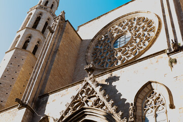 Santa maria del Mar church showing rose window and bell tower in barcelona, spain