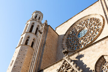 Santa maria del Mar church showing rose window and bell tower in barcelona, spain