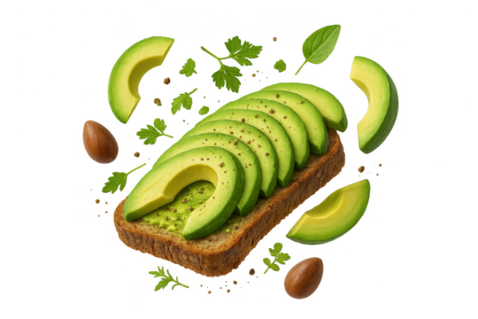 Avocado toast with seeds, fresh basil and floating avocado slices, isolated - Powered by Adobe