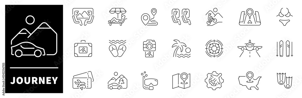 Poster journey icon set. thin line icons set related to journey and travel. journey web icons in line style